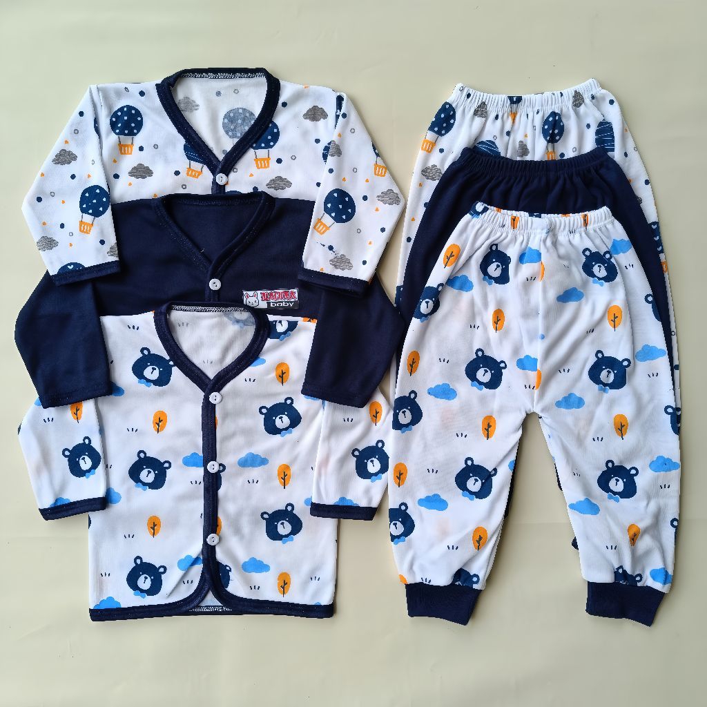 PROMO 6pcs/3stel baju bayi lengan panjang 0-6 bulan seri denim 3 stel baju bayi laki laki perempuan 