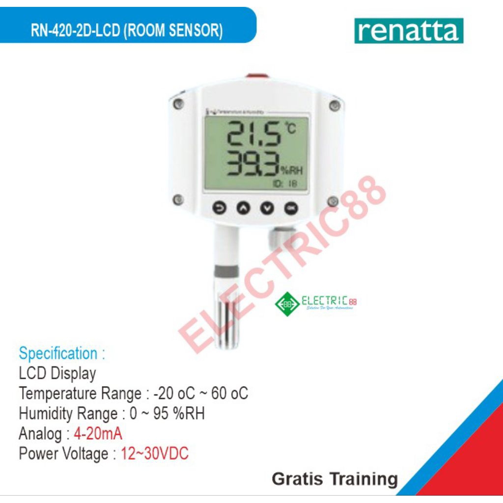 RN-420-2D-LCD Renatta Room Sensor Temperatur & Humidity, Analog 4-20mA