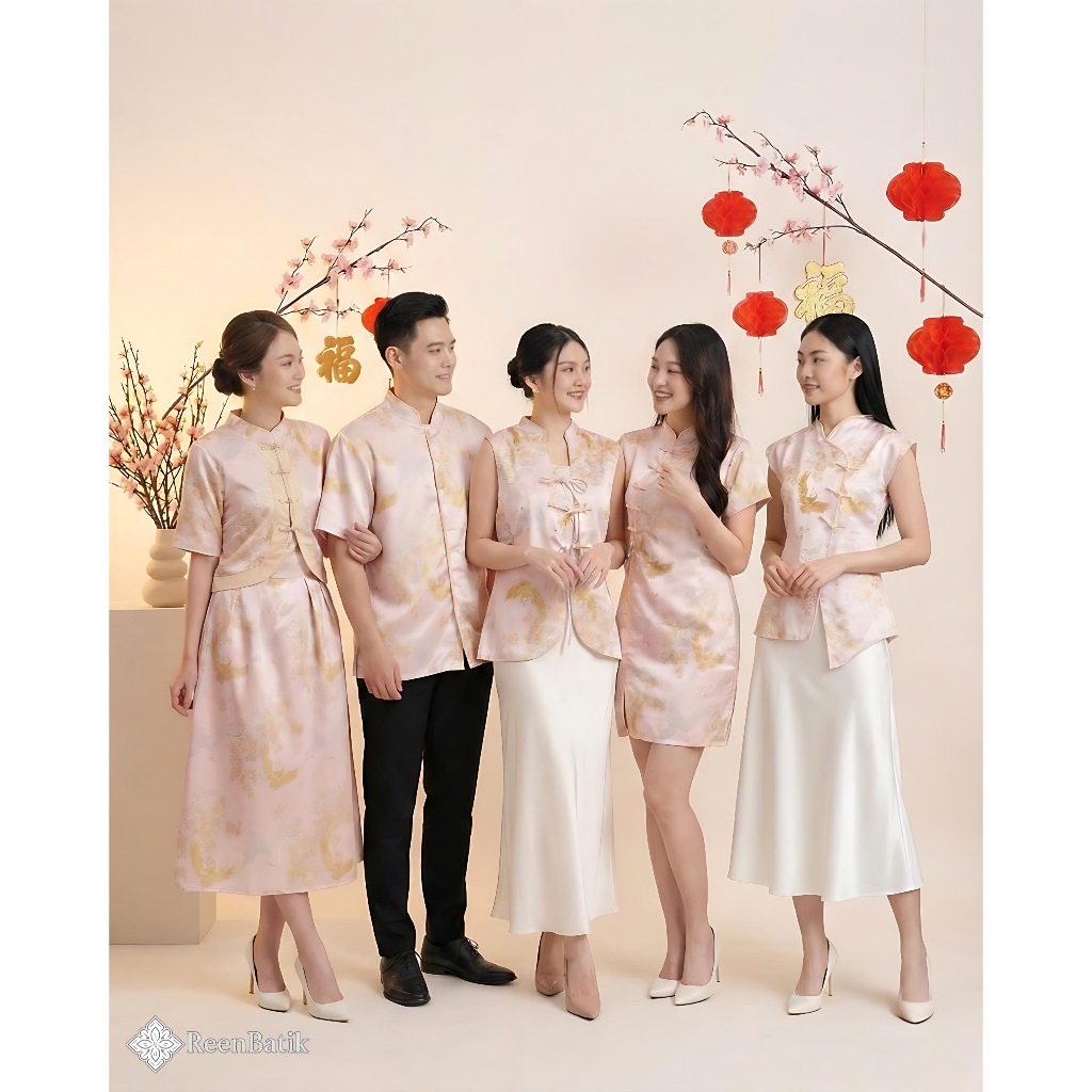 Batik Couple Imlek Bahan Satin Premium / Dress Cheongsam / Blouse Cheongsam / Series Lie#