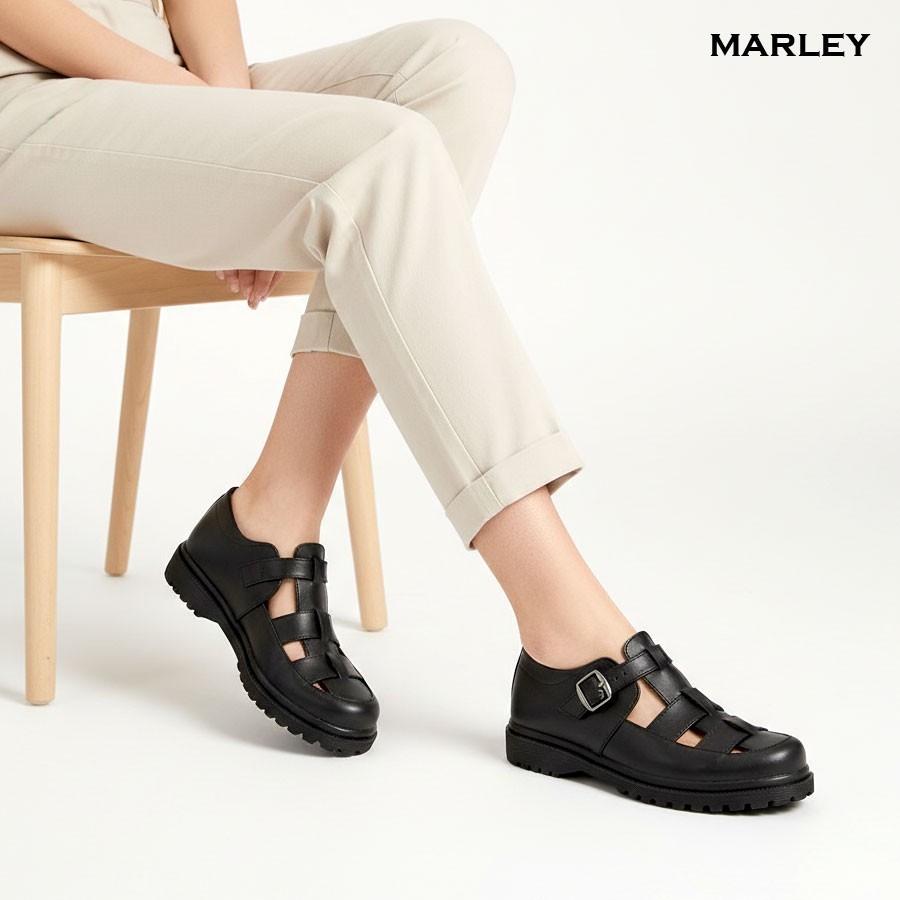 Marley Alive 123-01 Sepatu Docmart Loafers Wanita Casual Untuk Kerja Kantor Hitam Kulit Sintetis