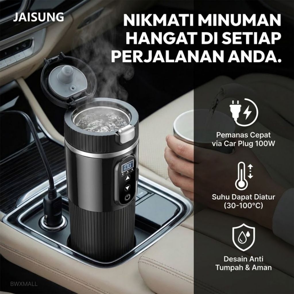 Teko Pemanas Air Mobil JAISUNG Termos Listrik Portable Pendidih Air Panas Cepat Botol Stainless Stee