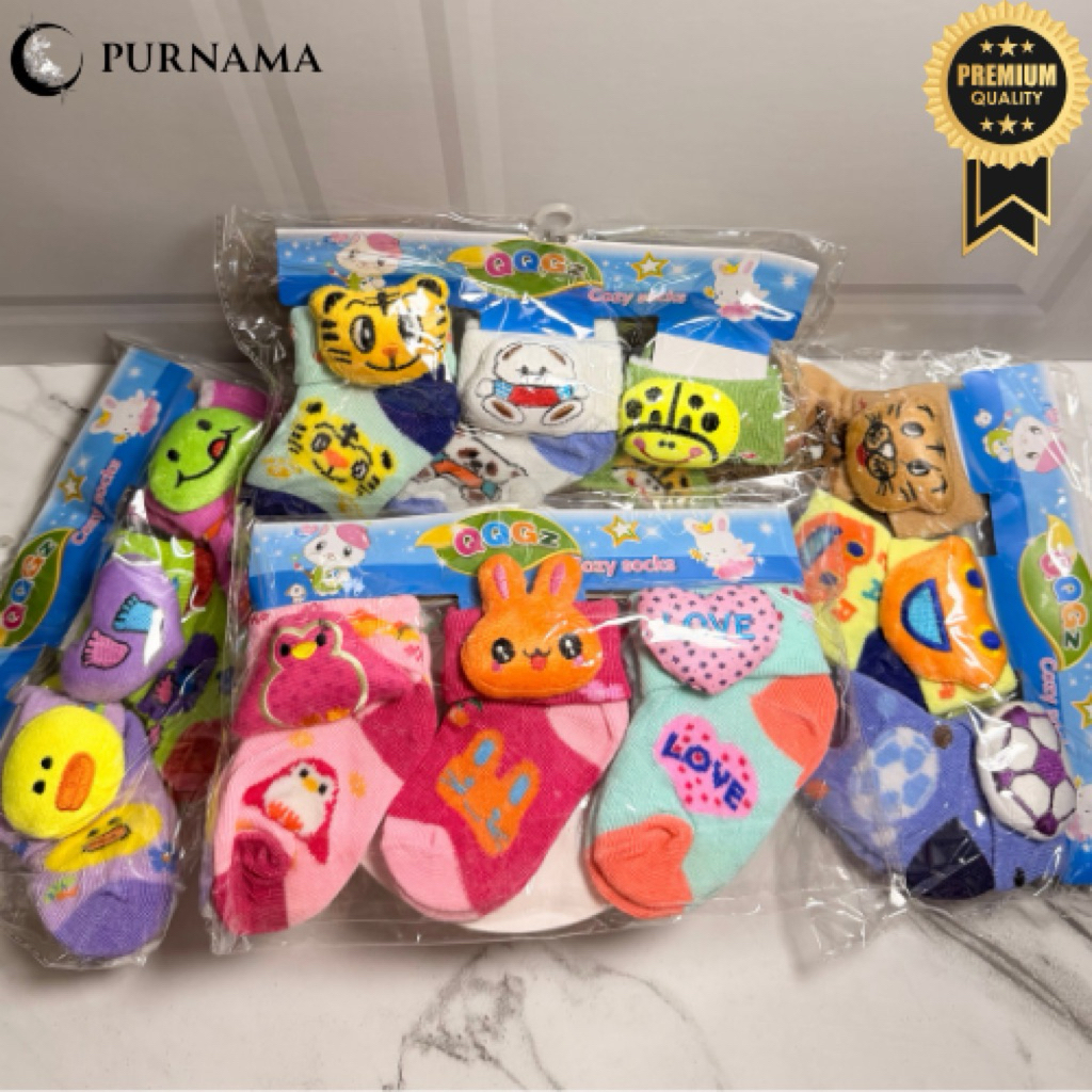 Kaus Kaki Bayi Motif 3D Boneka 0–12 Bulan Isi 3 Pasang | Warna-Warni, Lucu & Lembut | Kaus kaki bayi