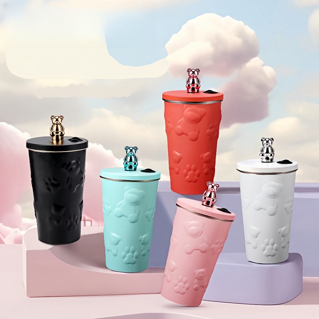 Heenoor Botol Termos Tumbler Geometris Gradasi & Bear Kopi-Teh Vacuum Insulated+Straw SUS 304 | 600M