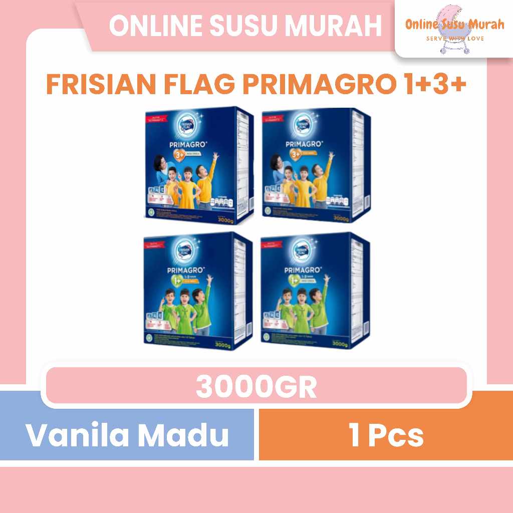 FRISIAN FLAG PRIMAGRO 1+ 3+ VANILA MADU 3000 GR SUSU FORMULA PERTUMBUHAN ANAK SSKD