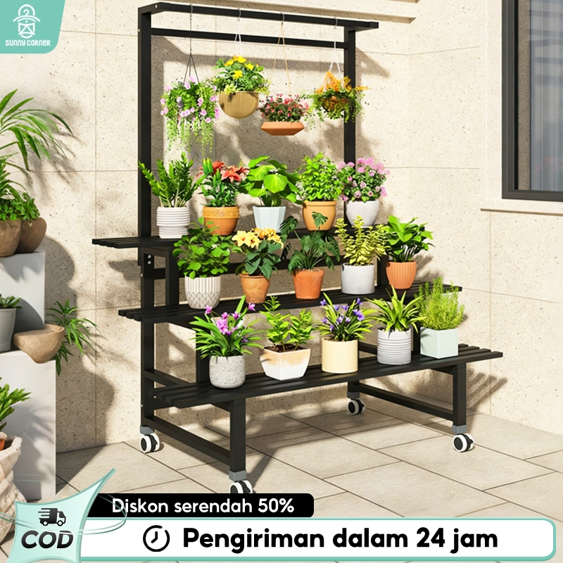 Rak Bunga 3 Susun Baja Karbon Anti Karat dengan Roda Minimalis