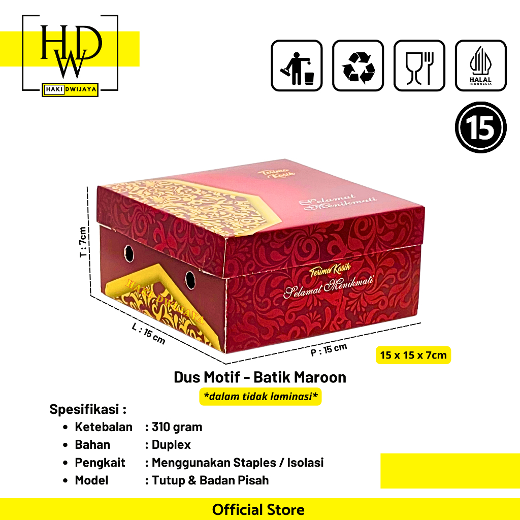 Kemasan Dus / Kotak Nasi dan Snack Ukuran 15x15x7cm Full Colour - Motif Batik Maroon