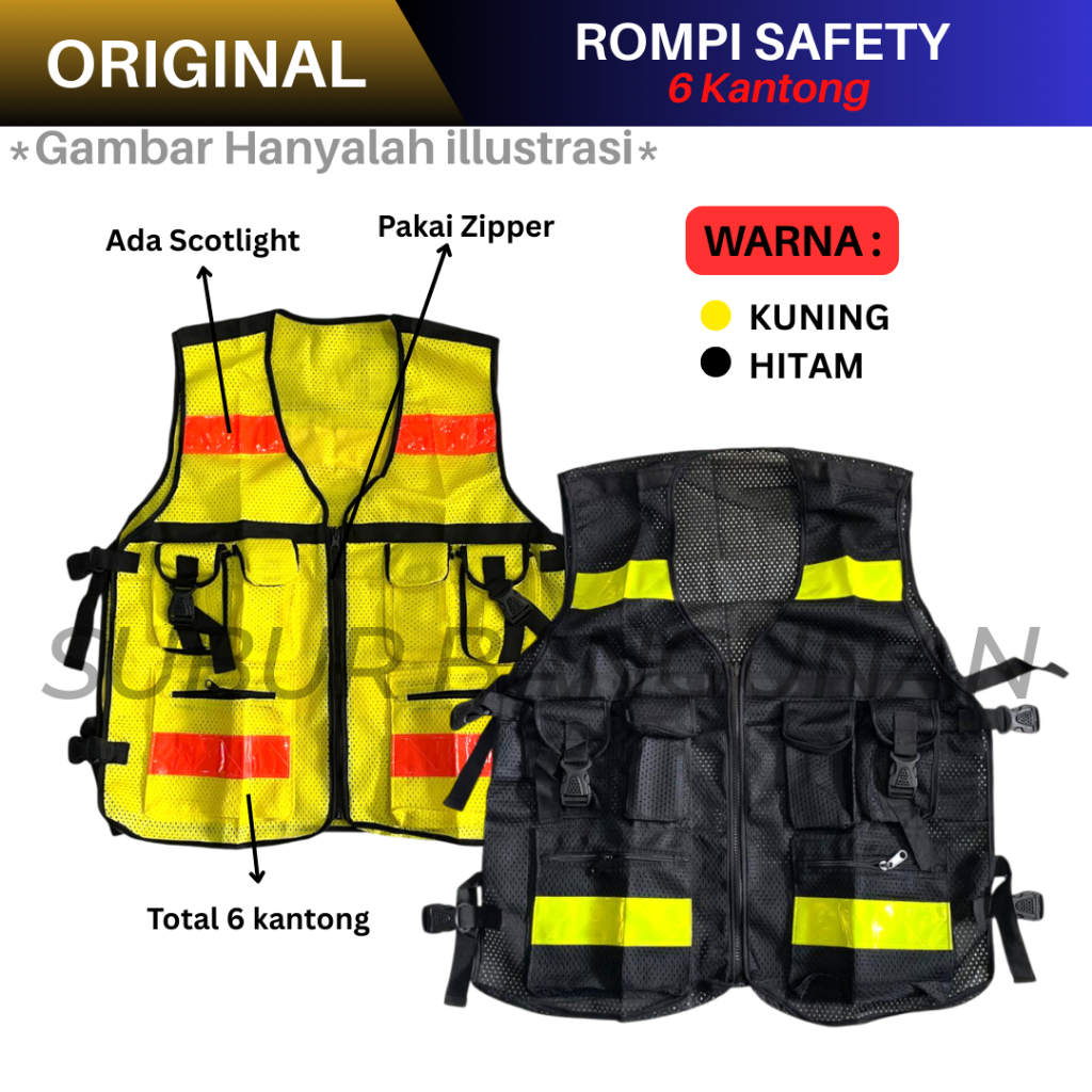 Rompi Jaring Safety Proyek 6 Kantong Rompi Lapangan Reflektif Kuning / Hitam