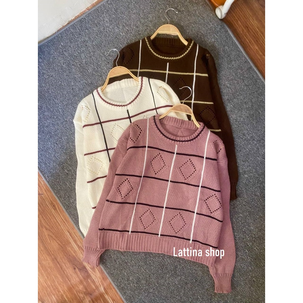 Lattina Shop Yuki Sweater Rajut Wanita Motif Kotak-Kotak Sido Ketupat Bahan Tebal Halus Nyaman Model