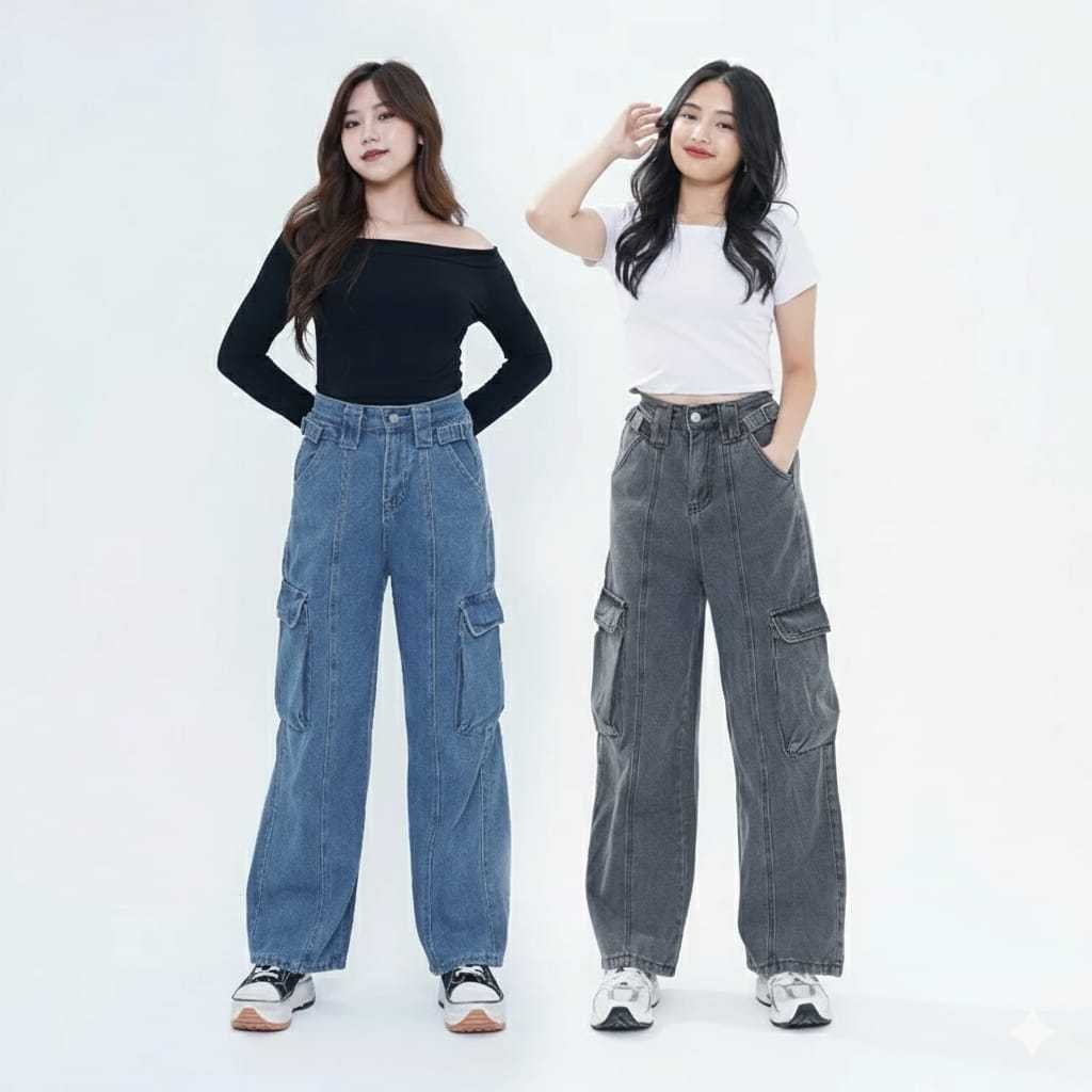 Cargo Loose Jeans Denim / Jeans Cargo Wanita Kekinian  / Celana Panjang Jeans Cewek Korean