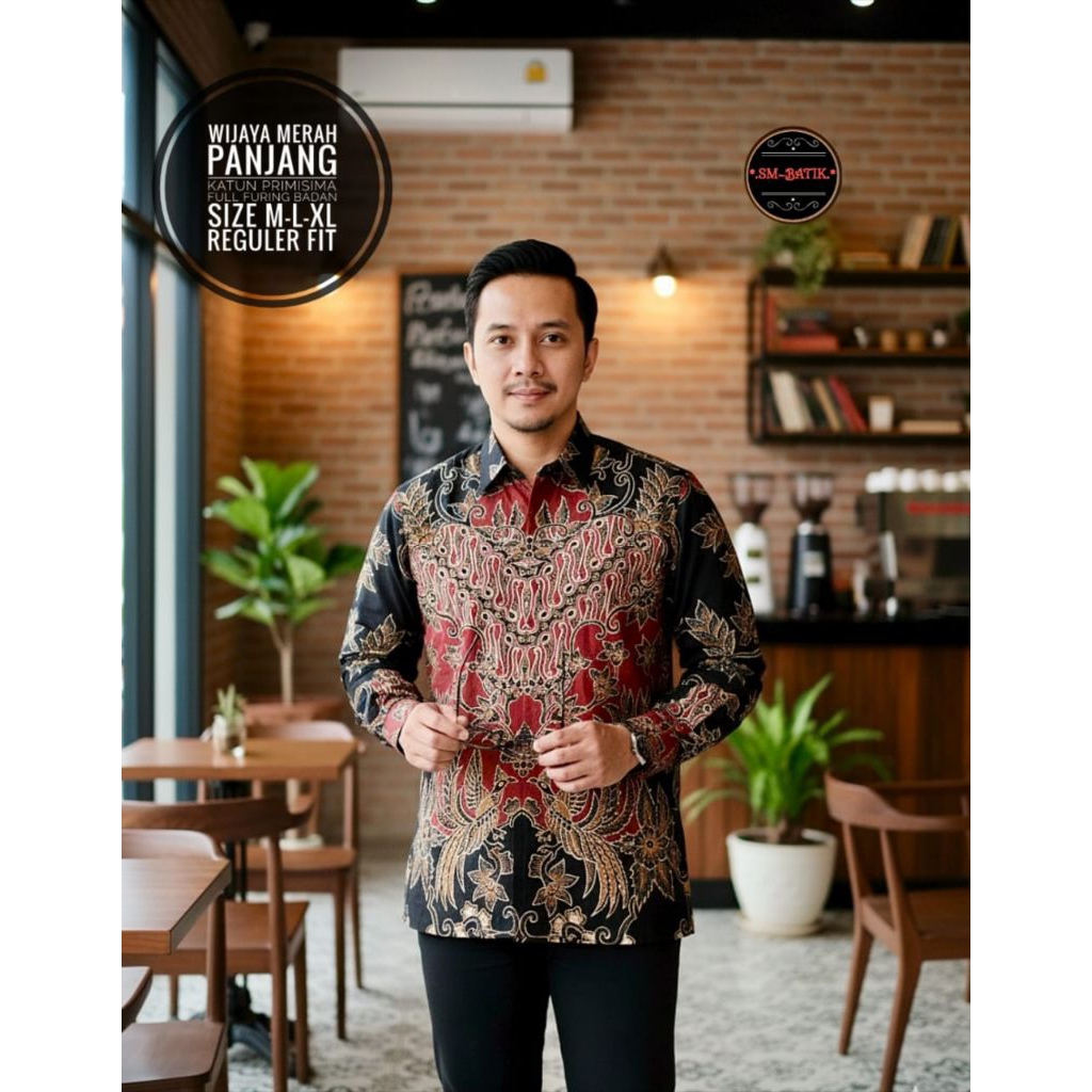 Wijaya Merah Kombinasi hitam Hem Kemeja Baju Batik Pria Cowok Laki Laki Slimfit Full Lapis Furing Le