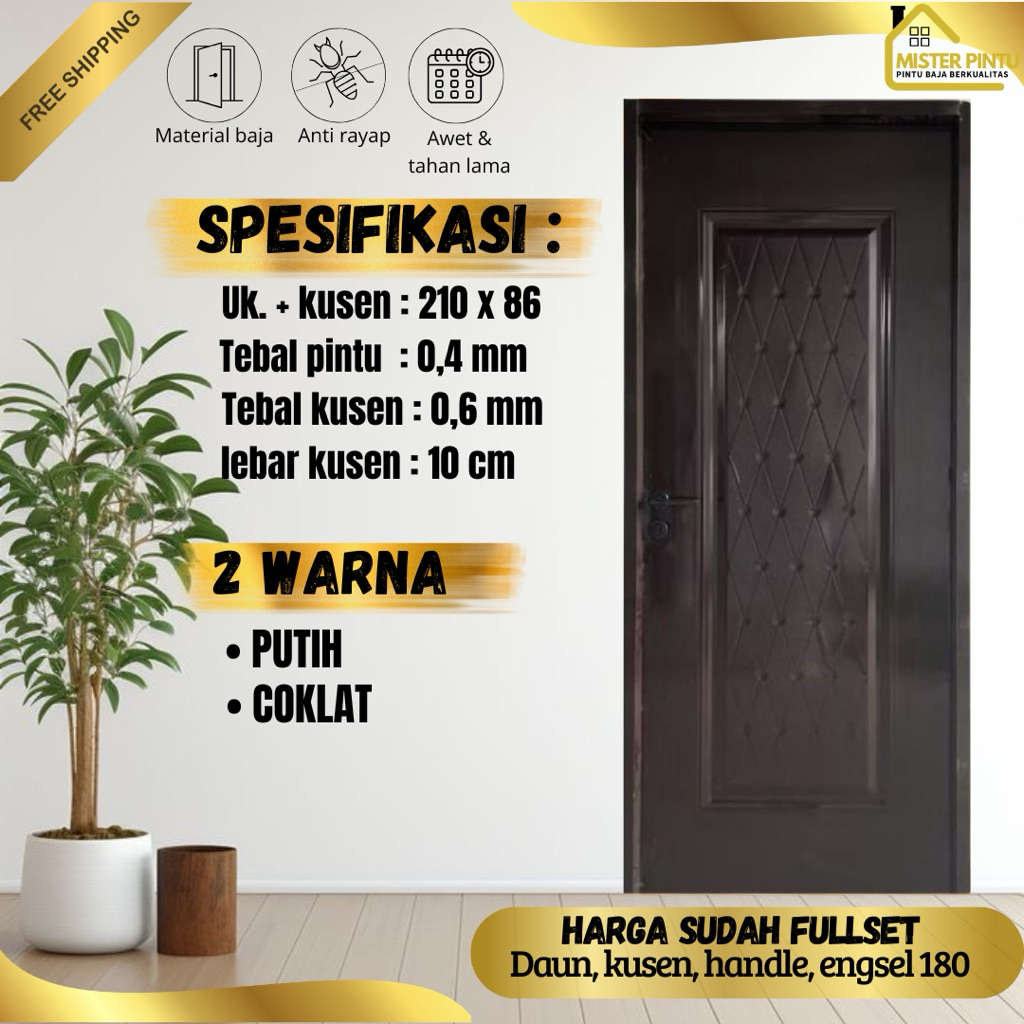 Pintu Baja Ekonomis 0410 Pintu Baja Set Pintu Plate Baja / Pintu + Kusen + Handle Anti Karat / Pintu