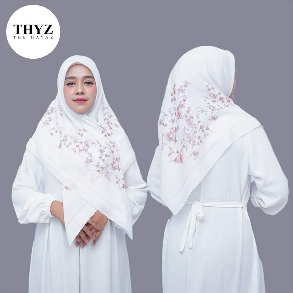 TheHayaz Hijab Segi Empat Motif Premium Bunga Sweet Pea Plum Warna Putih Pink Ungu Scarf Jilbab Keru