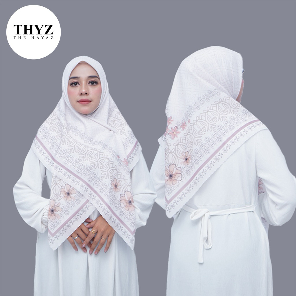 TheHayaz Hijab Motif Bunga Batik Eksklusif Warna Putih dan Pink Scarf Jilbab Kerudung Segi Empat