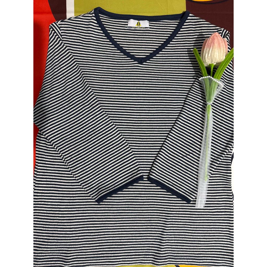 kaos lengan panjang motif belang (wanita) size L (kasual, korea)