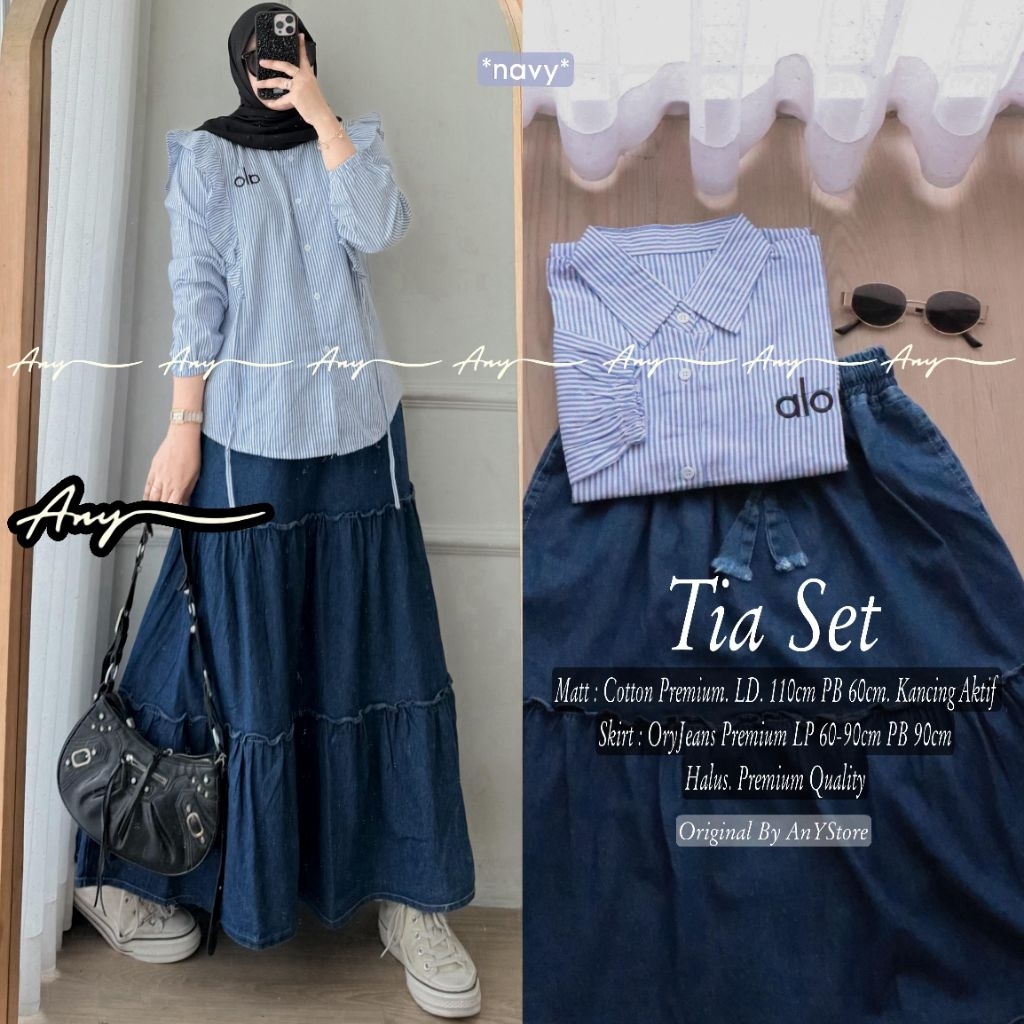 Tia one set rok jeans by A.N.Y kemeja stripe wanita baju blouse garis garis rok panjang jeans kemeja
