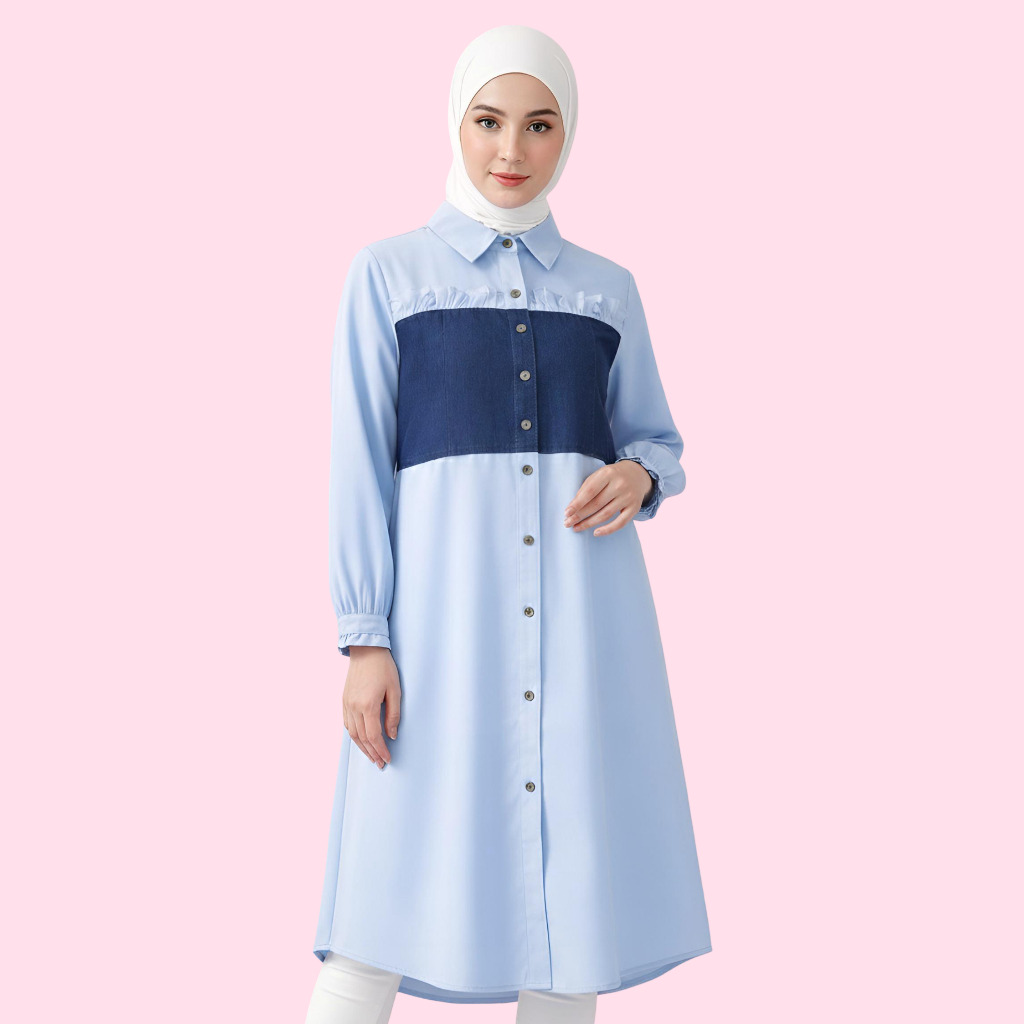 Kemeja Tunik Bahan Katun Kombinasi Levis Wanita Modis