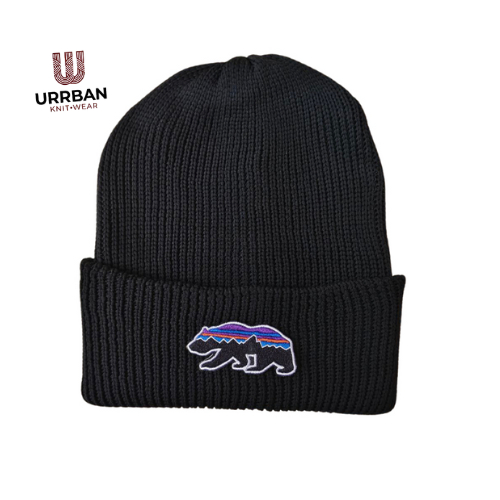 PATAGONIA BEAR Bordir Topi Kupluk Rajut Beanie Hat Pria/Wanita Bahan Tebal V1 Hitam