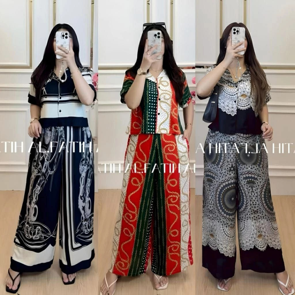 OneSet Crop Setelan Celana Kulot Wanita Rayon Premium Lengan Pendek Celana Panjang Busui Kekinian Te