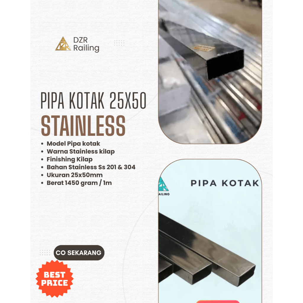 DZR Pipa hollow Kotak Stainless UK 25 x 50 Sus 201 & 304