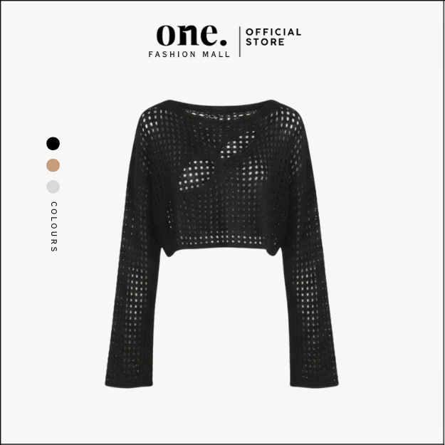 ONEFASHIONMALL SL023 Outer Tunik Tanktop Rajut Knit Atasan Croptop Jaring Lengan Panjang Wanita
