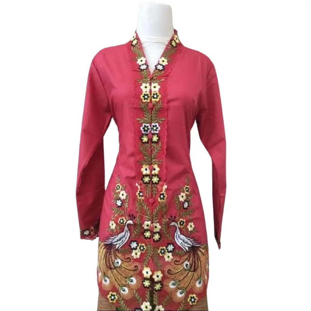 Kebaya Encim Ukuran Jumbo Motif Burung Terbaru Bahan Katun Kombinasi Bordir Warna Merah