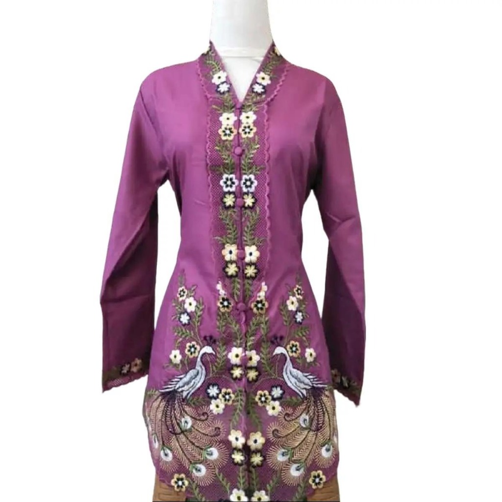 Kebaya Encim Ukuran Jumbo Motif Burung Terbaru Bahan Katun Kombinasi Bordir Warna Magenta