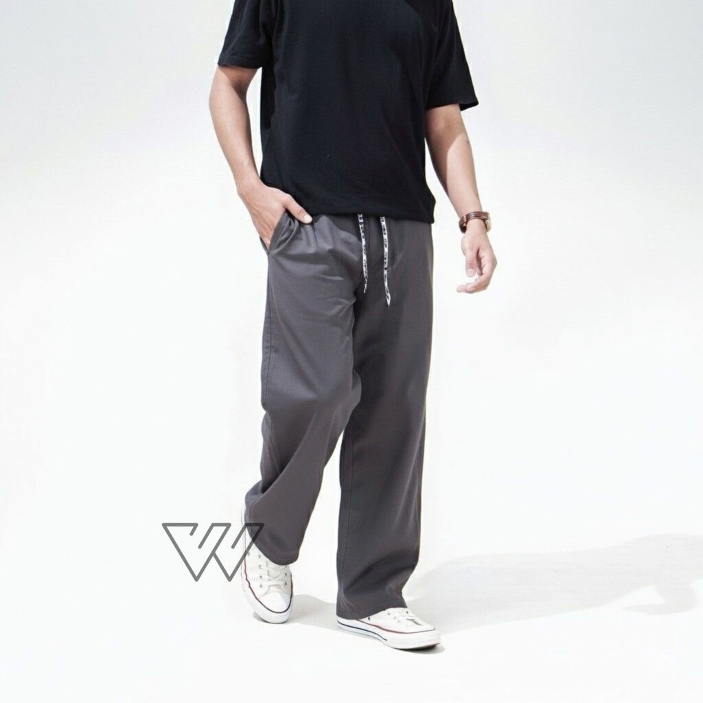Celana Trouser Wide Pants Pria/Loose Pants Katun Adem Pinggang Karet