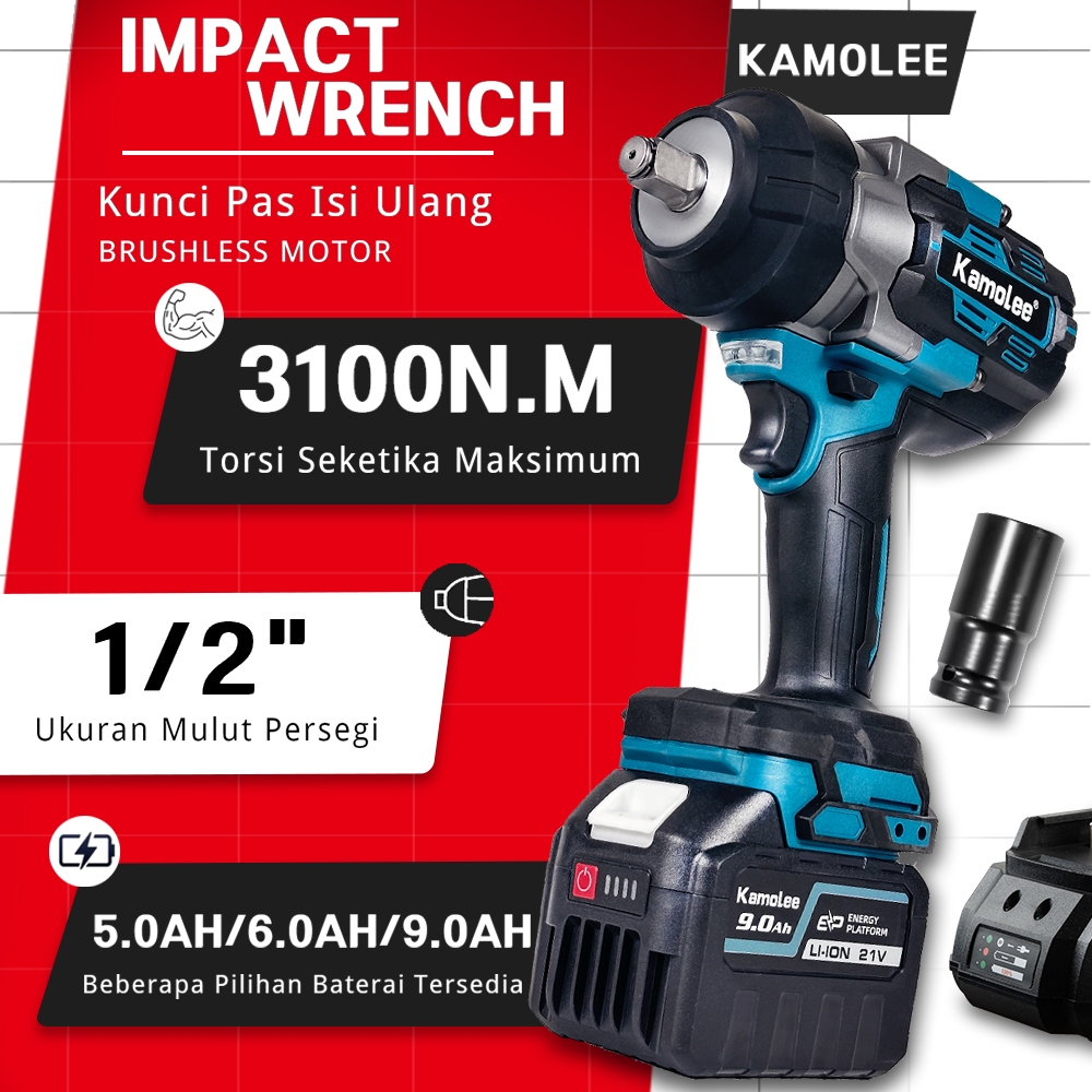 KAMOLEE DTW1300 3100N.M Impact Wrench Brushless 1/2" Torsi Tinggi LED Biru