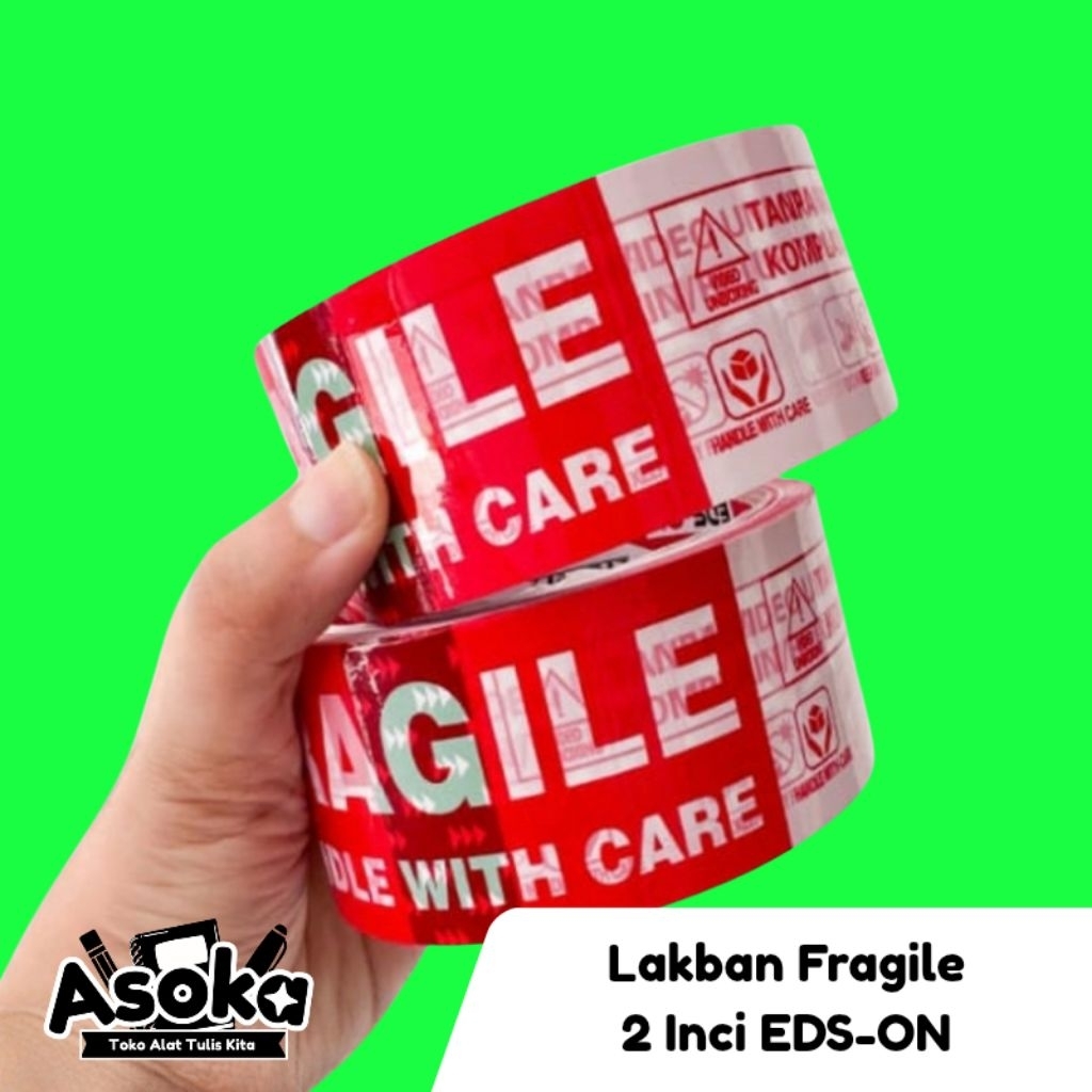 Lakban Fragile Merah Putih 50 Yard - Daya Rekat Kuat, Tahan Air, Peringatan Visual Jelas
