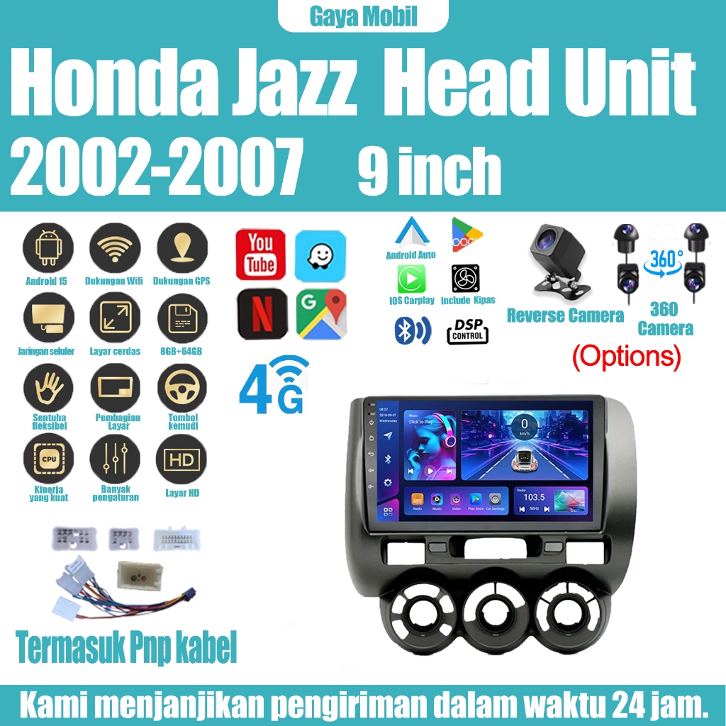 Honda Jazz 2002-2007 Head Unit 8 Chip Nuklir 8+64GB/8+128GB Android 15 9 Inch Head Unit Dukungan Car
