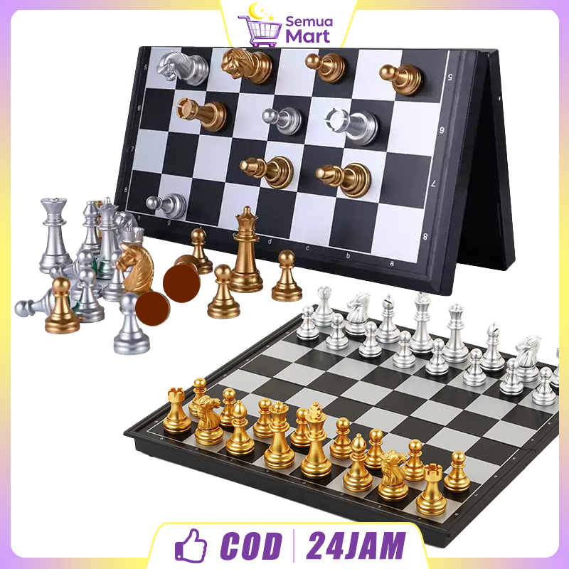 Papan Catur 25x25cm Magnet - Lipat, 32 Bidak Emas/Perak & Juga Puzzle Portable