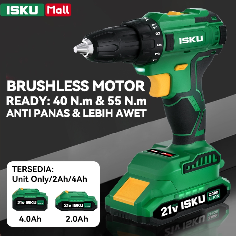 ISKU Bor Cordless Brushless 21V 40Nm 55Nm Mesin Bor Baterai Kayu Besi Baja Ringan Heavy Duty