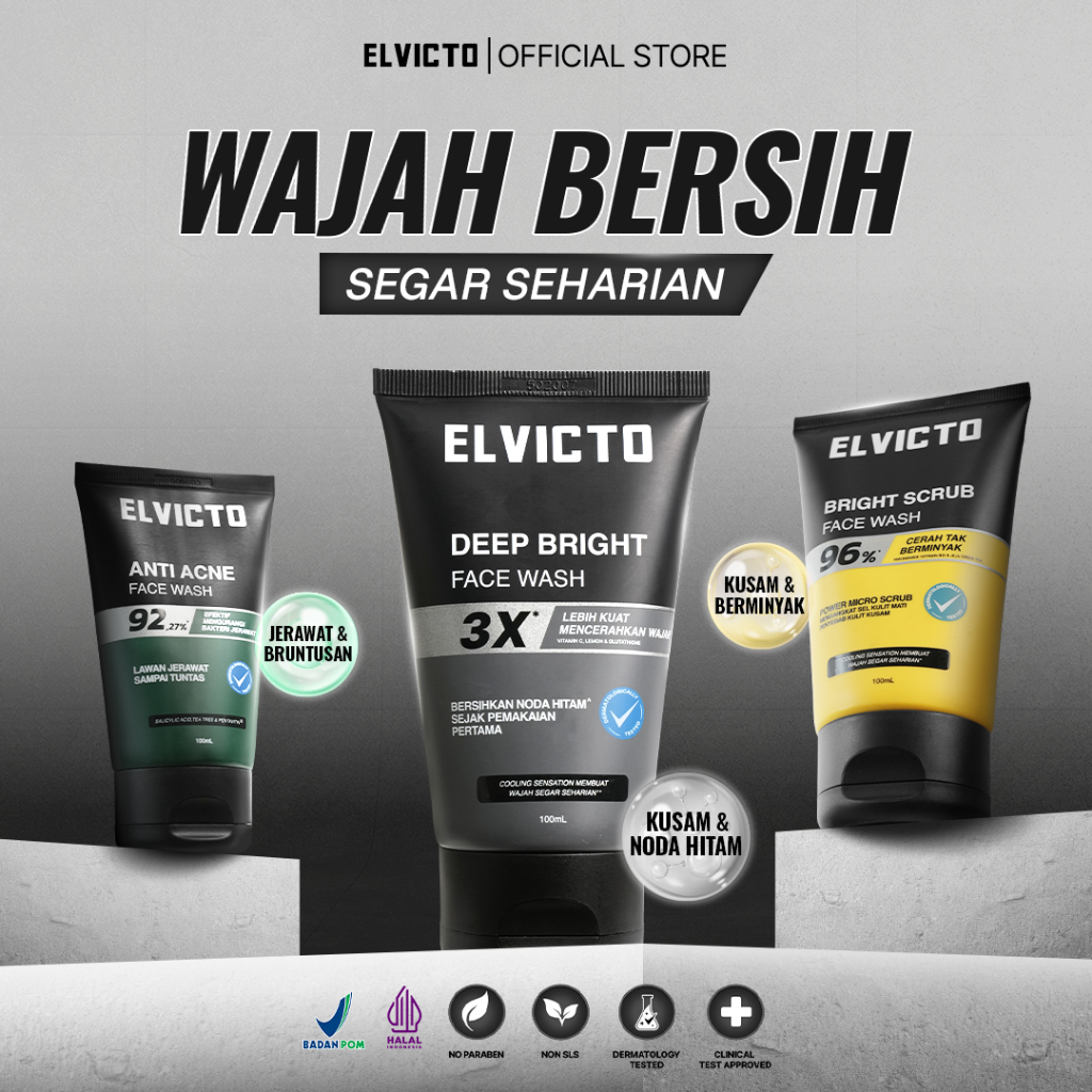 [NON SLS] ELVICTO  FACE WASH 100gr | Face Wash Pria Sabun Cuci Muka Brightening Deep Clean 5 in 1 Ch
