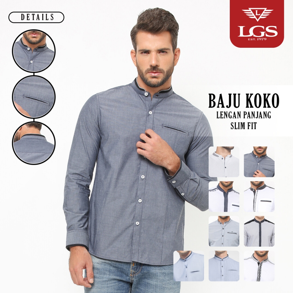 LGS - Baju Koko - Lengan Panjang - Kerah Shanghai - Kemeja Kerah Muslim Dewasa - Slim Fit