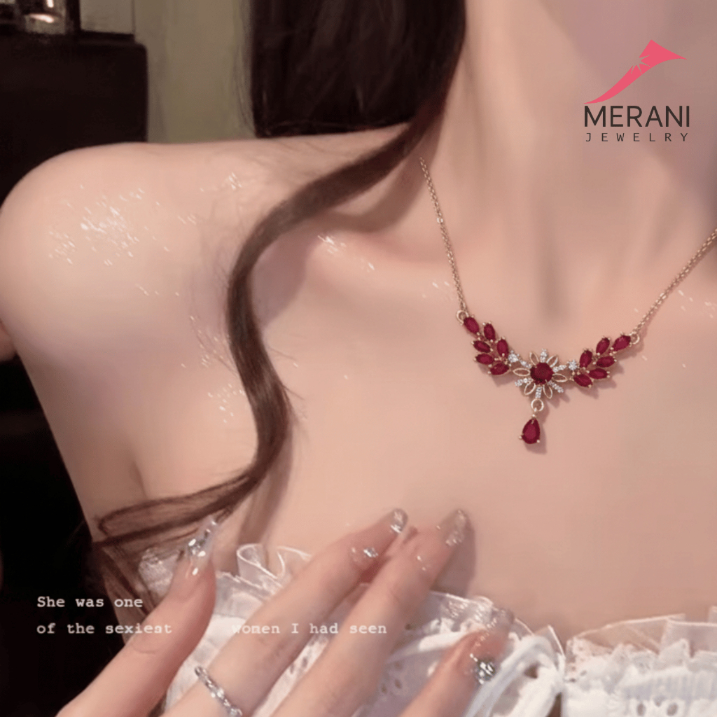 Merani Jewelry Kalung Koye Bunga Matahari Permata Ruby Titanium Lapis Emas Anti Karat 085