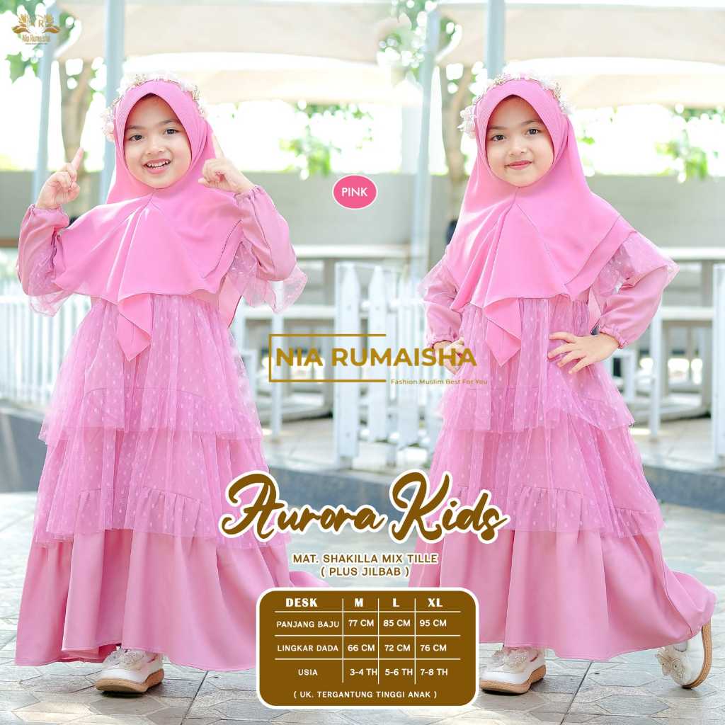 Nia Rumaisha Gamis Anak Perempuan Lebaran Aurora Kids Nia Rumaisha - Set Jilbab Bahan Shakilla Mix T