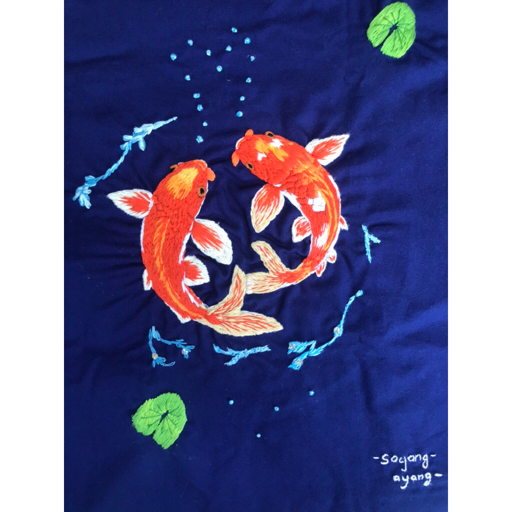 SAPU TANGAN CUSTOM NAMA | KOI FISH WALL ART HAND EMBROIDERY