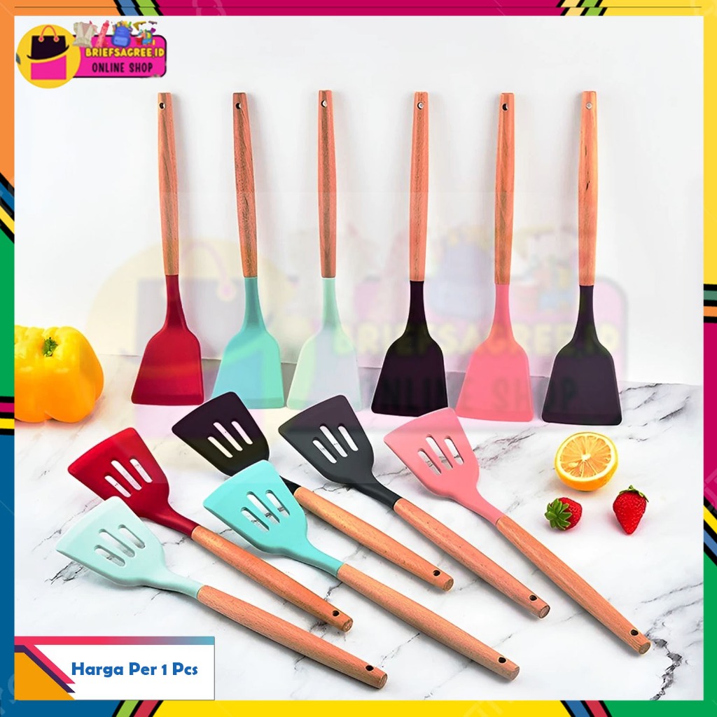 Spatula Silikon Gagang Kayu Sutil Masak Untuk Goreng Tumis Tahan Panas Anti Baret Silicone Spatula W