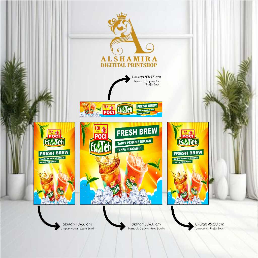 cetak spanduk banner paket hemat booth meja teh poci fresh brew custom desain