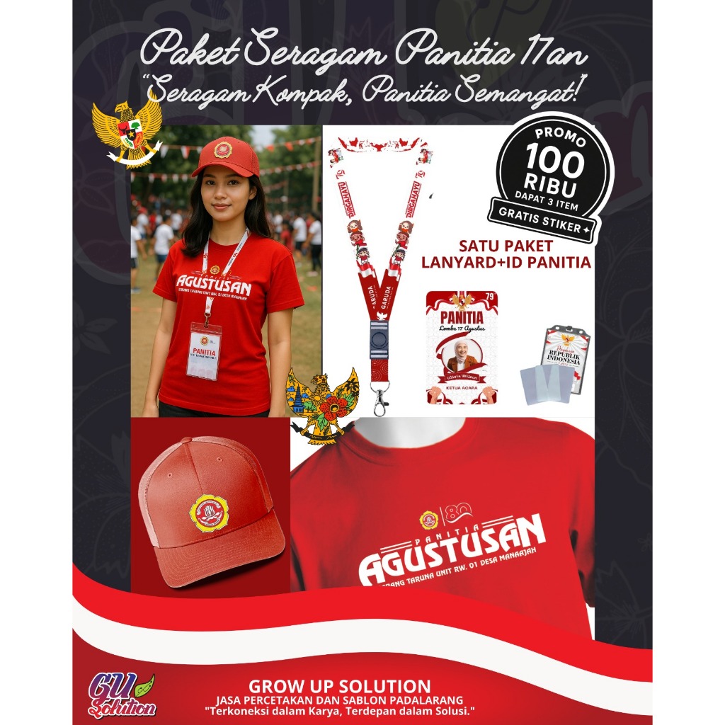 [PROMO] Paket Seragam Panitia 17an - Kaos, Topi, Lanyard & ID Card CUSTOM FREE DESAIN