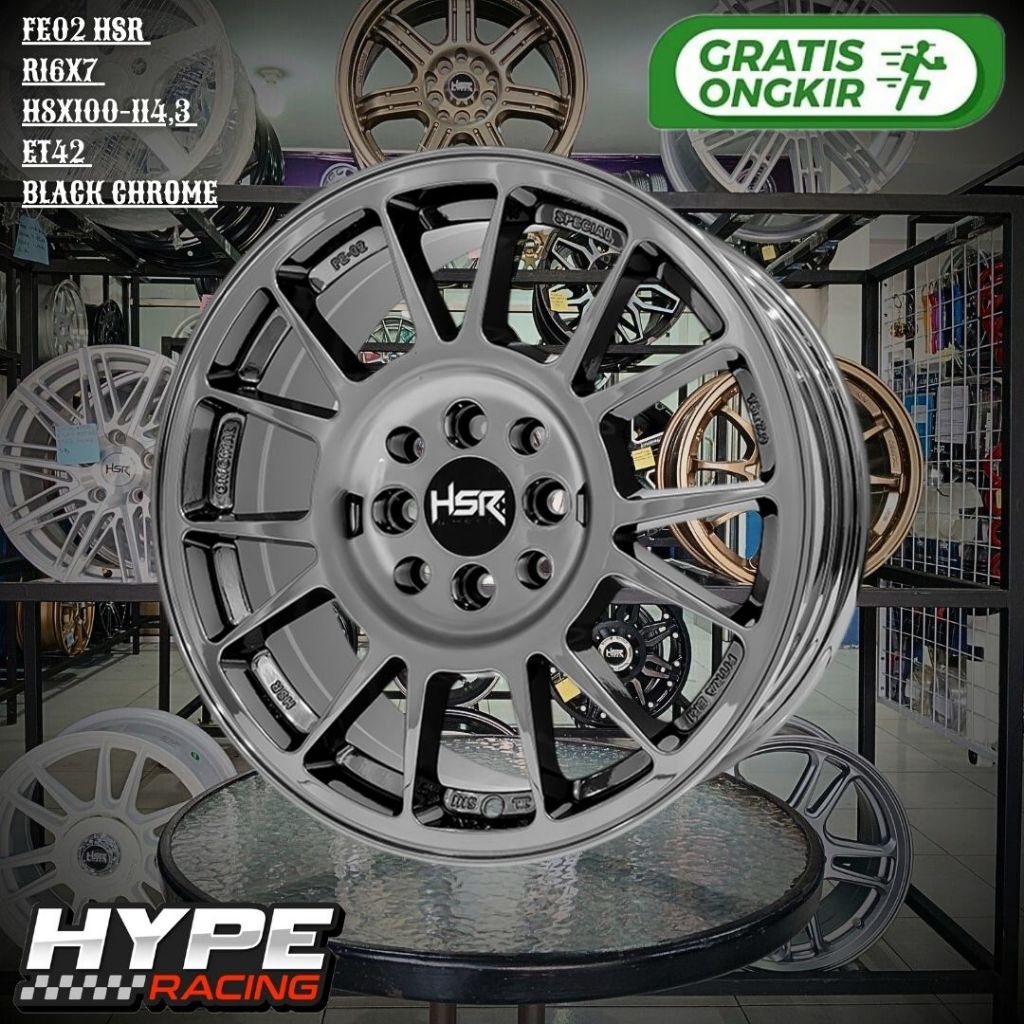Velg Mobil JDM Ring 16 Black Chrome HSR FE02 R16 untuk Pelek Honda FREED , JAZZ , YARIS , CITY