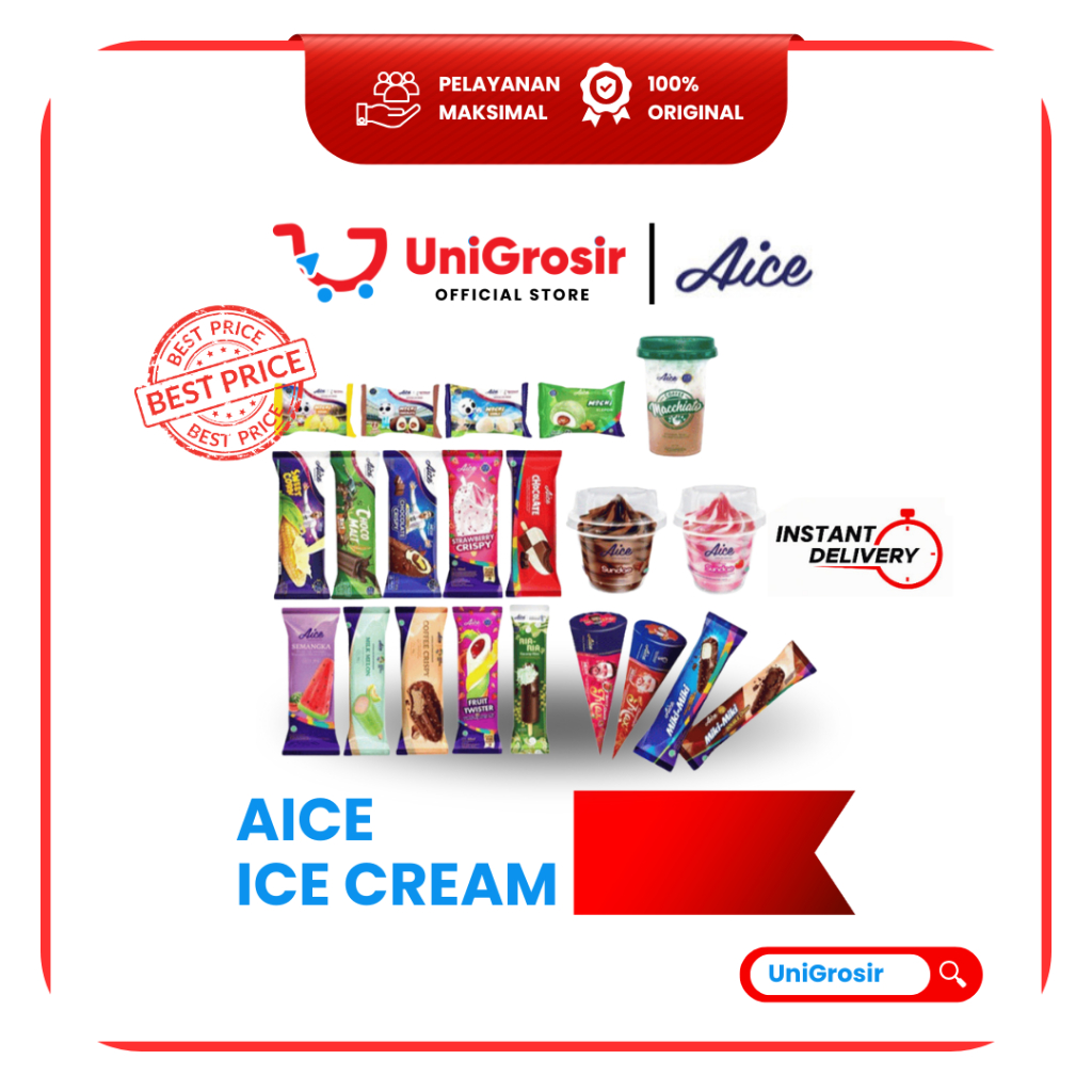 [UniGrosir] AICE ICE CREAM MOCHI DURIAN | KLEPON | CHOCOATE | STRAWBERRY | CRISPY SUNDAE CONE ES KRI
