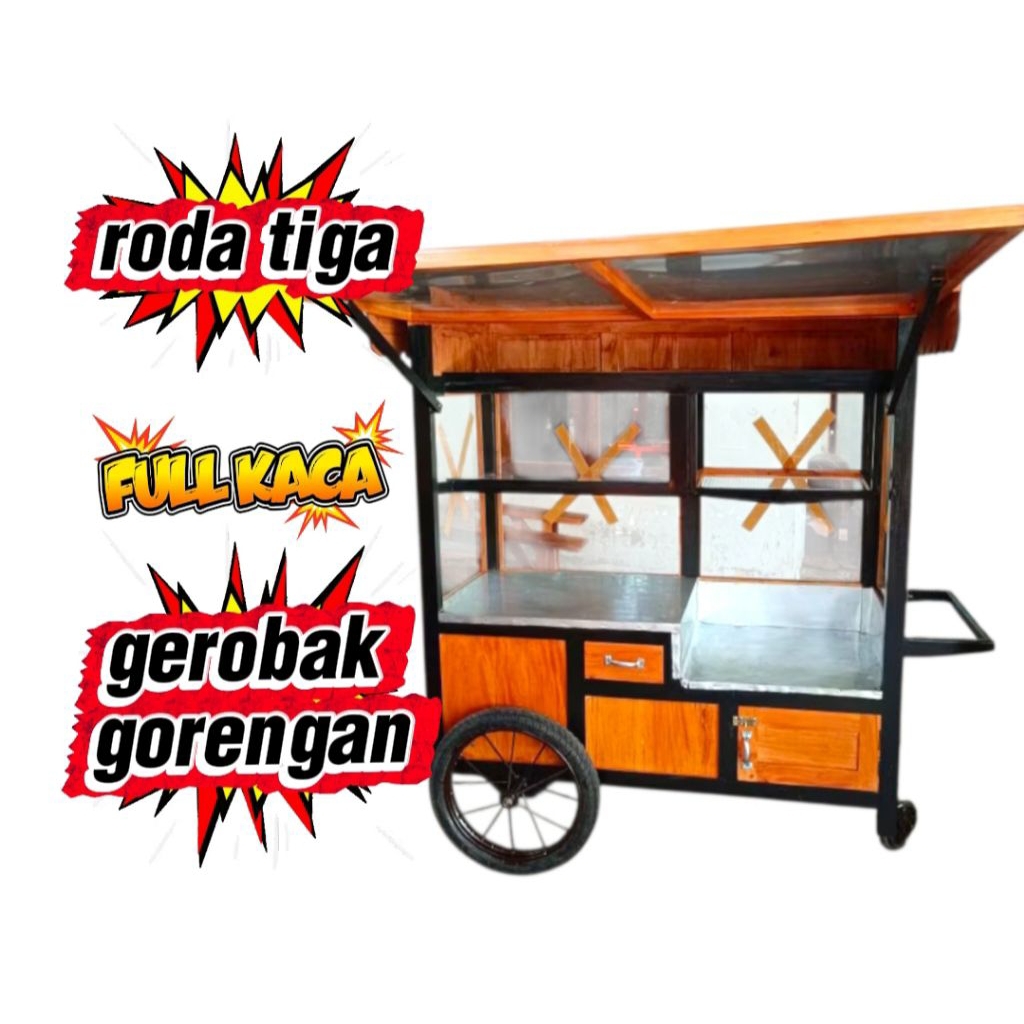 gerobak gorengan full kaca roda tiga free ongkir