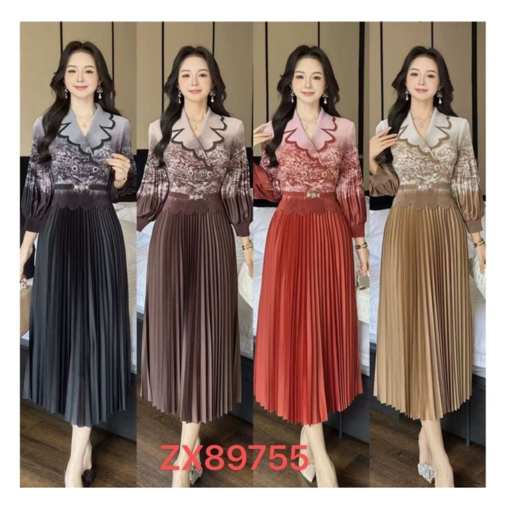 Dress Korea Import premium plisket 7823 (Bunga atas samping)