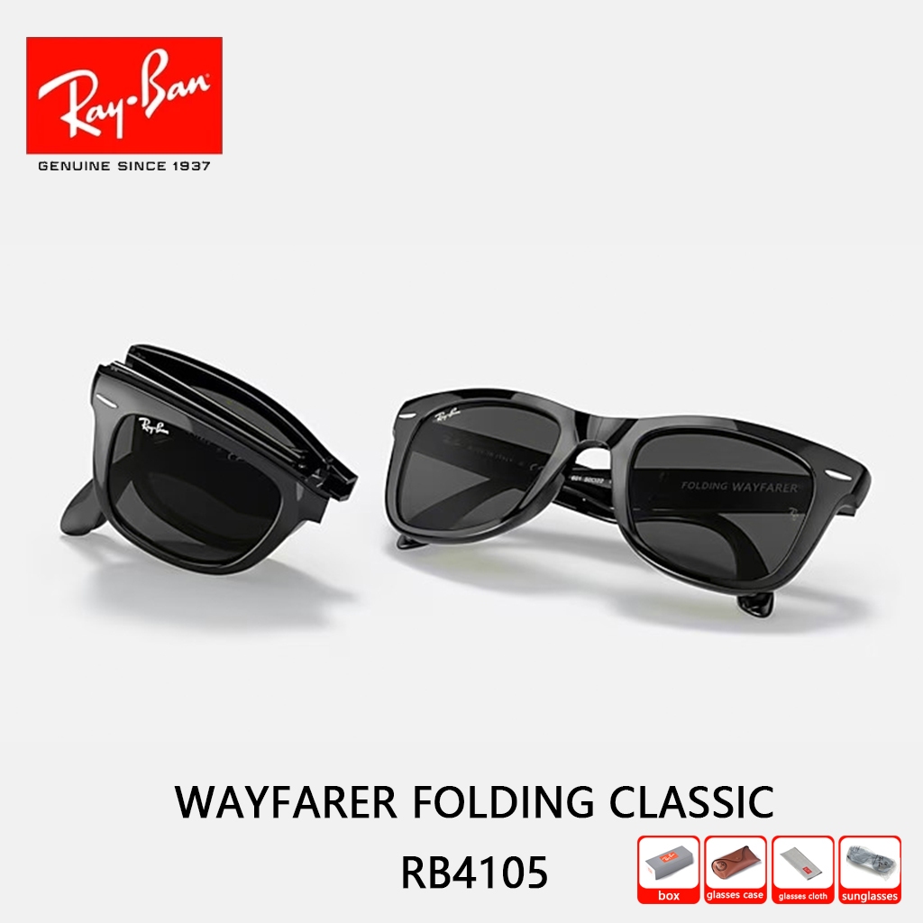 Kacamata Hitam RAY-BAN Wayfarer FOLDING RB4105 pria wanita Sunglasses 54mm Black Original 100% lensa