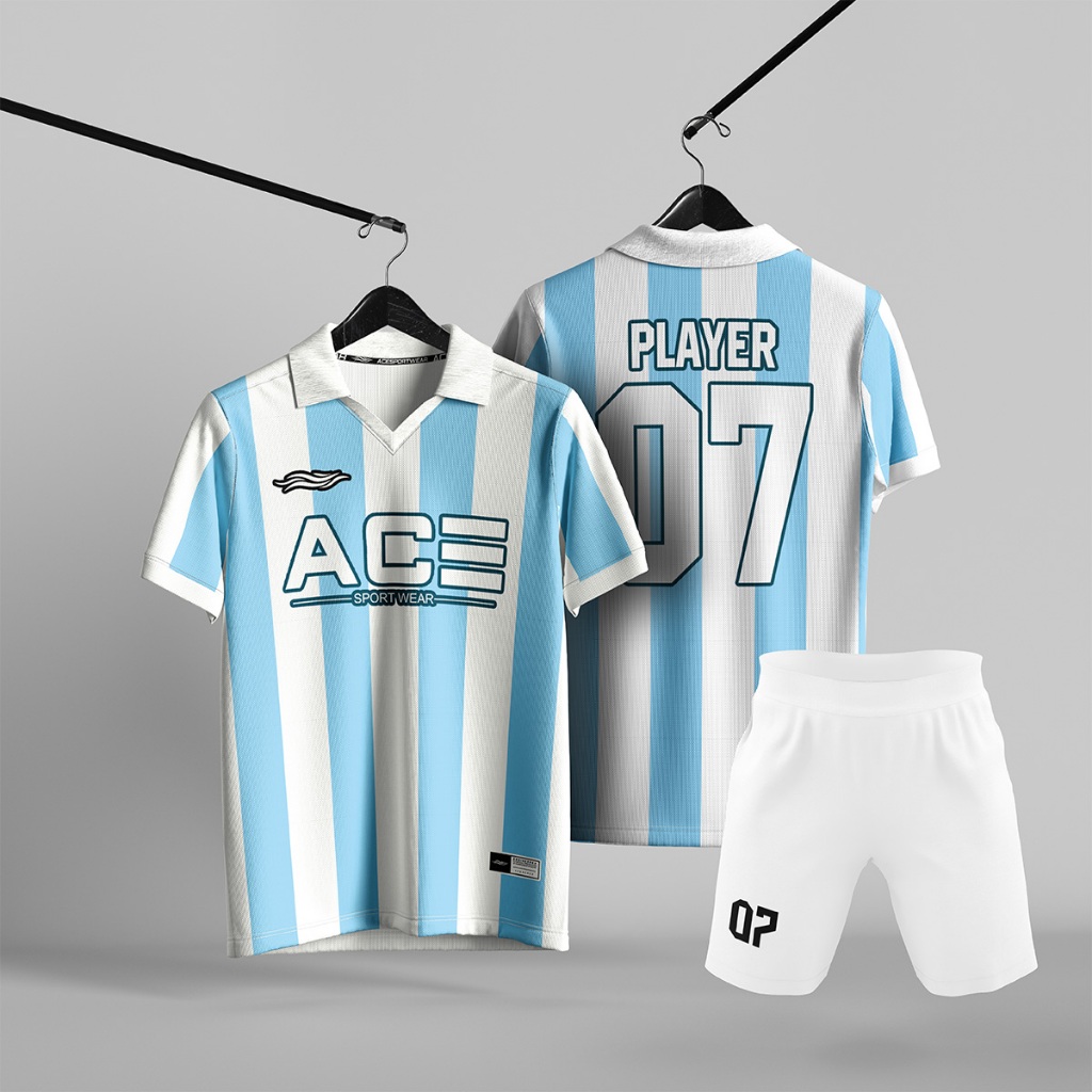 Setelan Jersey Futsal Tim Unisex Motif Garis Vertikal Biru Langit Putih