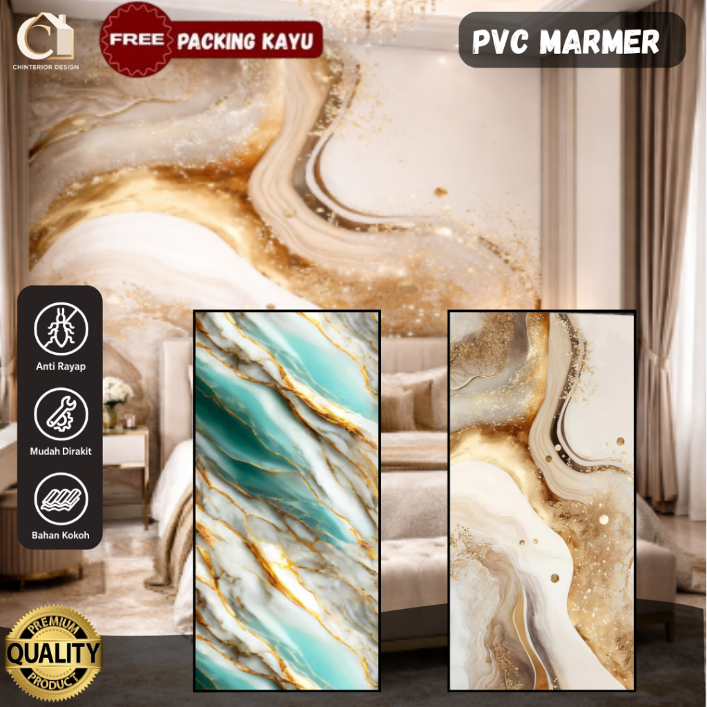 Panel Dinding PVC UV Motif Marmer Seri Gold Marble – Wallboard Lembaran PVC