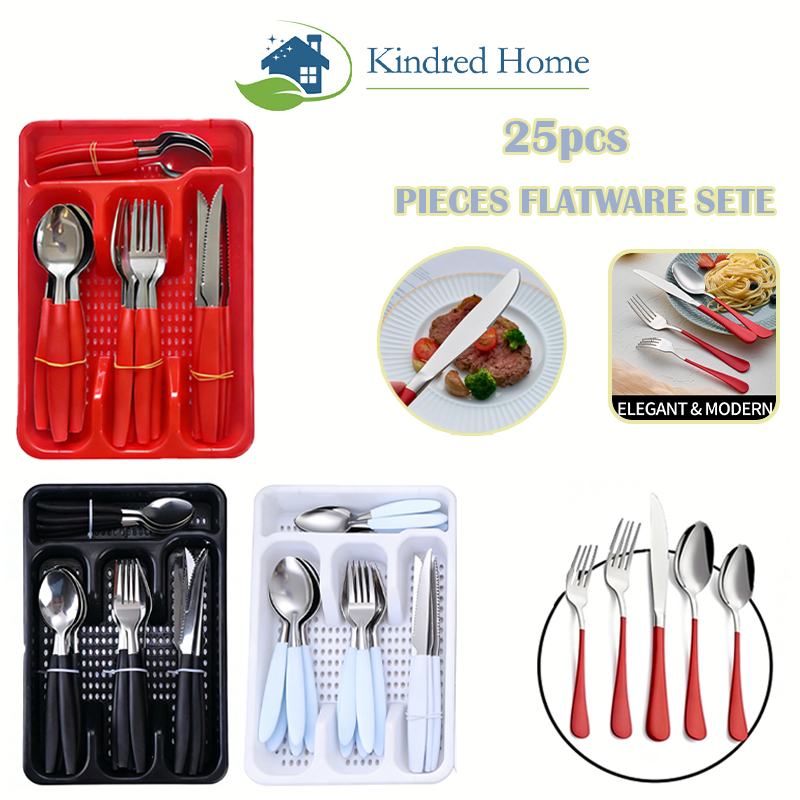 COD-Alat Makan Stainless Steel 25pcs/Set Alat Makan Plastik- Sendok+Garpu+Pisau+Box(Pilih Warna: Mer