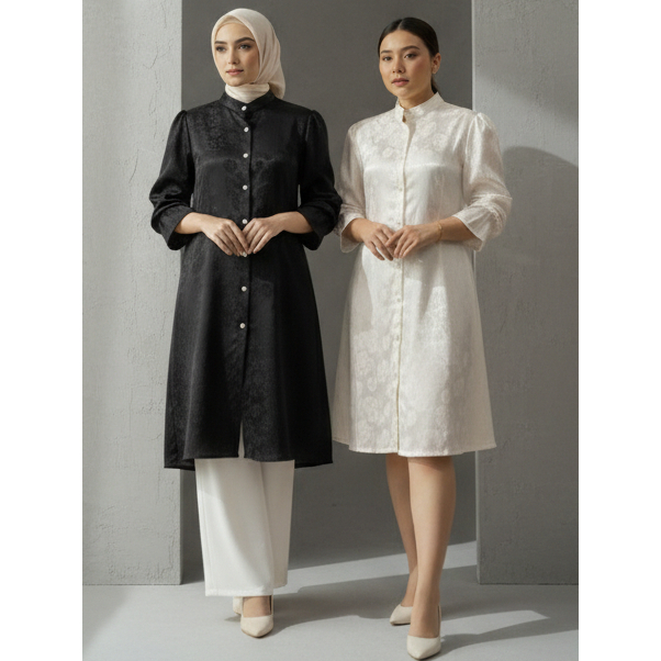 BY.HIRA Tunik Lebaran Jacquard Silk Premium Kerah Sanghai Jumbo Standar Hitam Putih