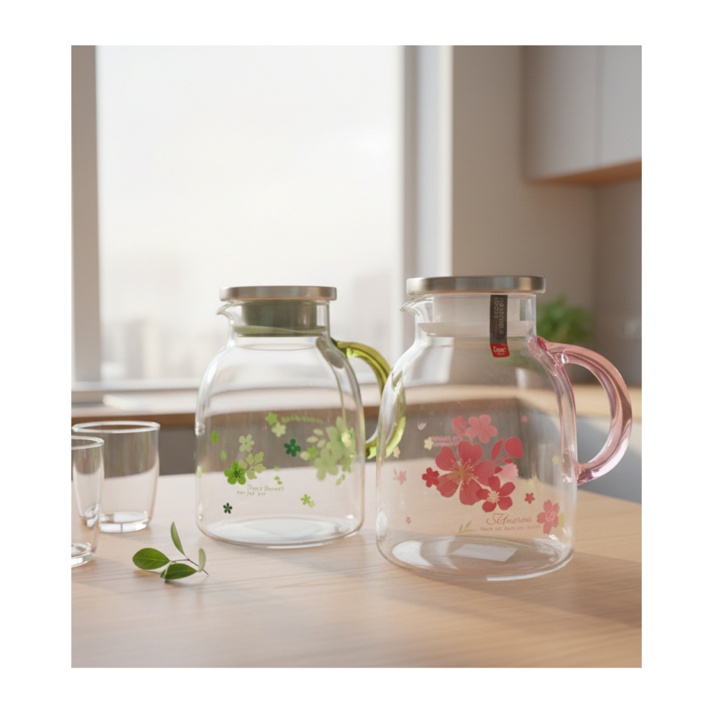 Water Jug Kaca 2 Liter- Teko Air Minum Motif Bunga Aesthetic Food Grade